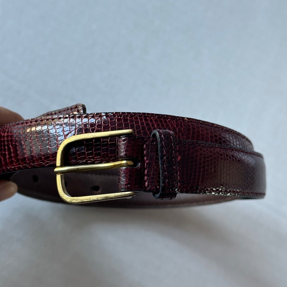 Vintage Burgundy Lizard Skin Leather Belt Made in Spain Gold Buckle Size 30 75